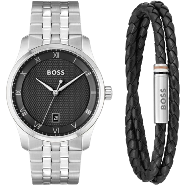 Knurled-dial watch and braided-leather cuff gift set - Silver