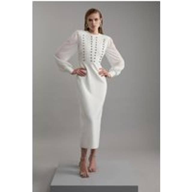 Figure Form Bandage Knit Chiffon Sleeve Military Trim Maxi Dress - Cream