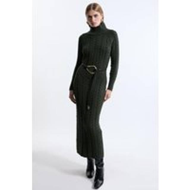 Cable Knit Funnel Neck Maxi Dress - Olive