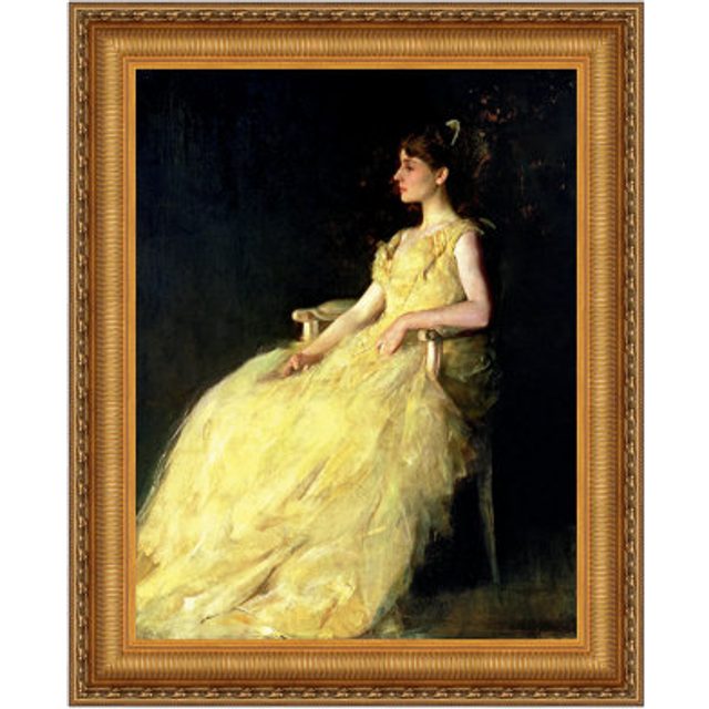 A Lady In Yellow Framed Canvas Replica Painting: Medium
