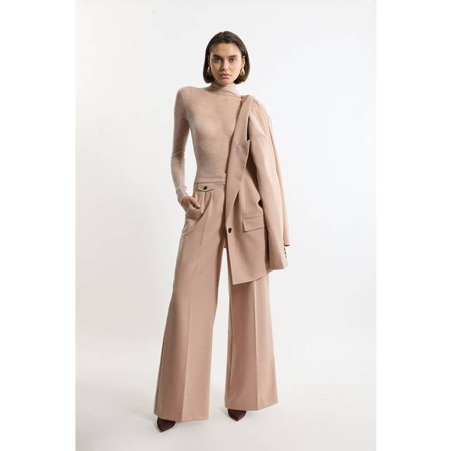 Wool Blend Tailored Wide Leg Trousers - Camel