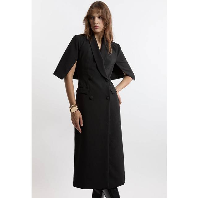Clean Tailored Tuxedo Cape Sleeve Midi Blazer Dress - Black