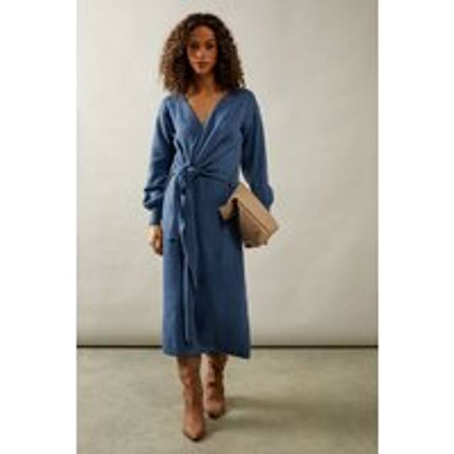 Womens Slouchy Wrap Midi Jumper Dress - Denim