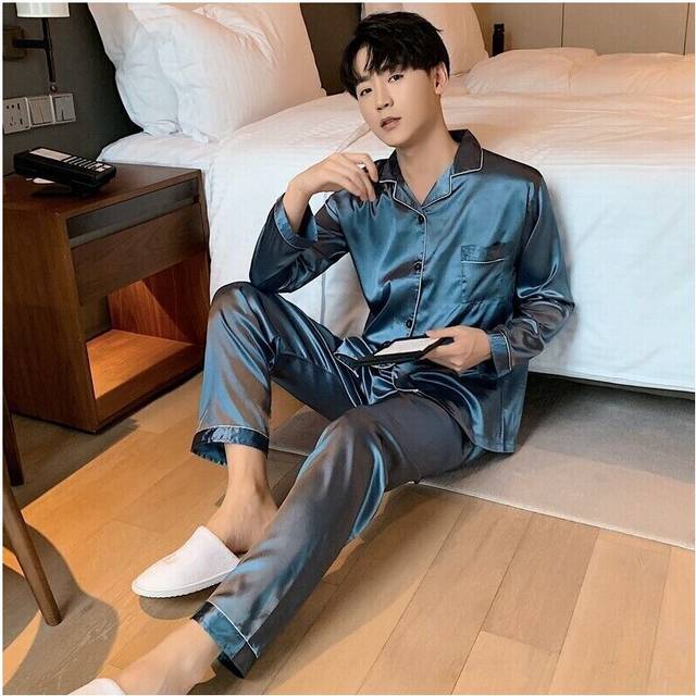 (Men Blue Gray, XL) Mens Silk Satin Pyjamas Set Nightwear Pyjama Top & Bottoms Loungewear Sleepwear