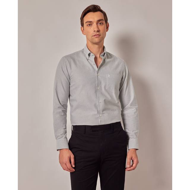 Hawes & Curtis Green & White Stripe Oxford Shirt | Button Down Collar Size: Medium | Long - Green/White