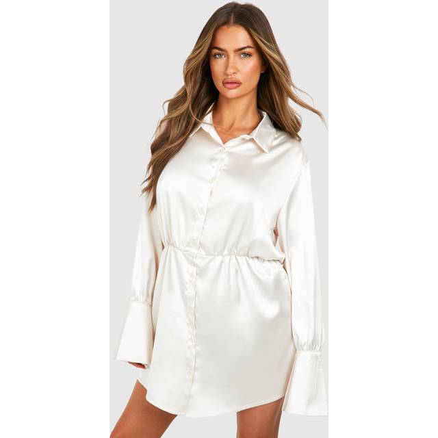 Womens Satin Shoulder Pad Mini Shirt Dress - Beige - 8, Beige