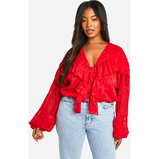 Womens Plus Burnout Lace Up Ruffle Cuff Blouse - Red - 28, Red