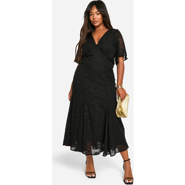 Womens Plus Jacquard Floral Angel Sleeve Midaxi Dress - Black - 16
