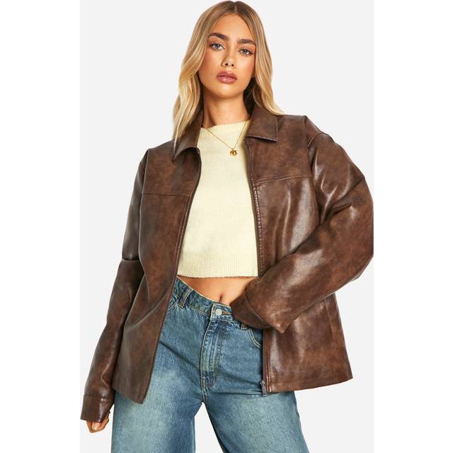 Womens Vintage Look Faux Leather Zip Jacket - Brown - 8, Brown