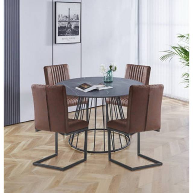Hallowood Furniture Cullompton Large 120Cm Round Table With 4 Brown Leather Effect Dining Chairs - One Size