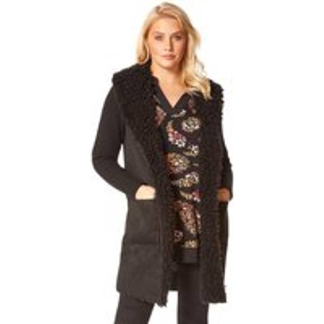 Roman Black Longline Faux Shearling Knit Coatigan - Size 14