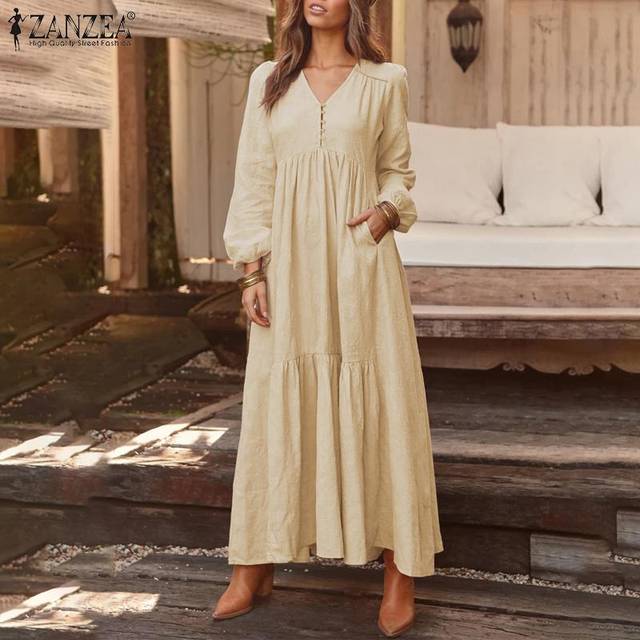 ZANZEA Autumn Spring Women Long Sleeve V Neck Loose Pleated Long Dress M black