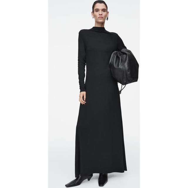 Cowl-Neck Long-Sleeved Maxi Dress - Black