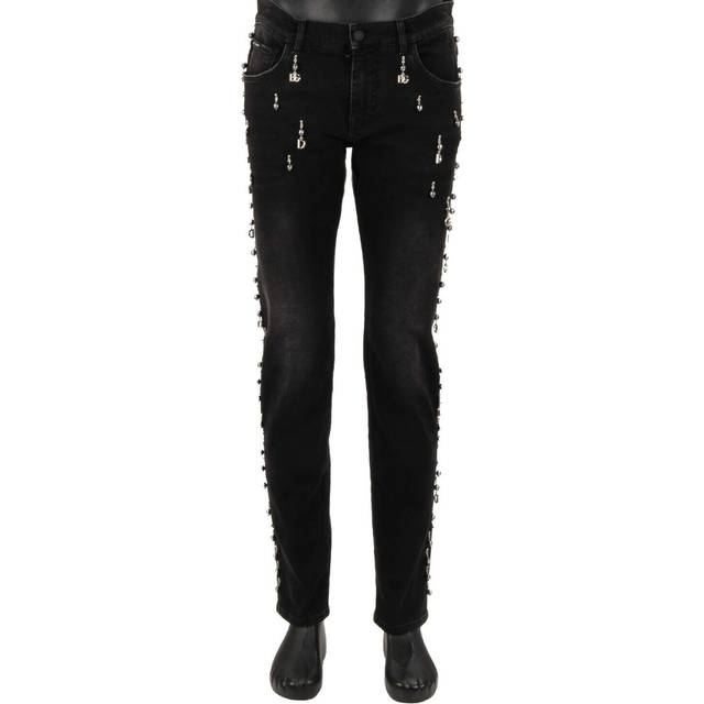 Dolce & gabbana dg silver metal logo pearl pendant jeans pants slim black