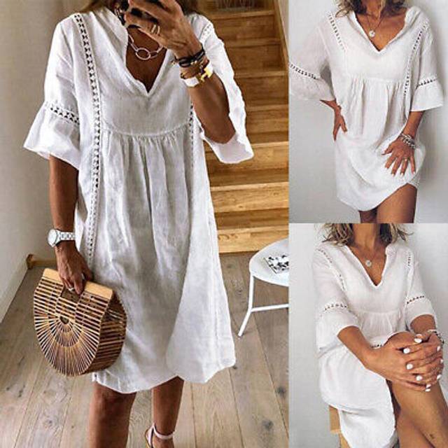 Women summer half sleeve lace mini dress casual loose cotton smock dresses plus