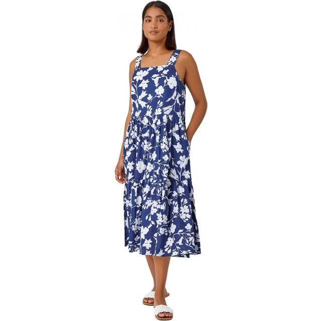 Roman Womens Sleeveless Cotton Floral Midi Dress - Blue - Size 12 UK