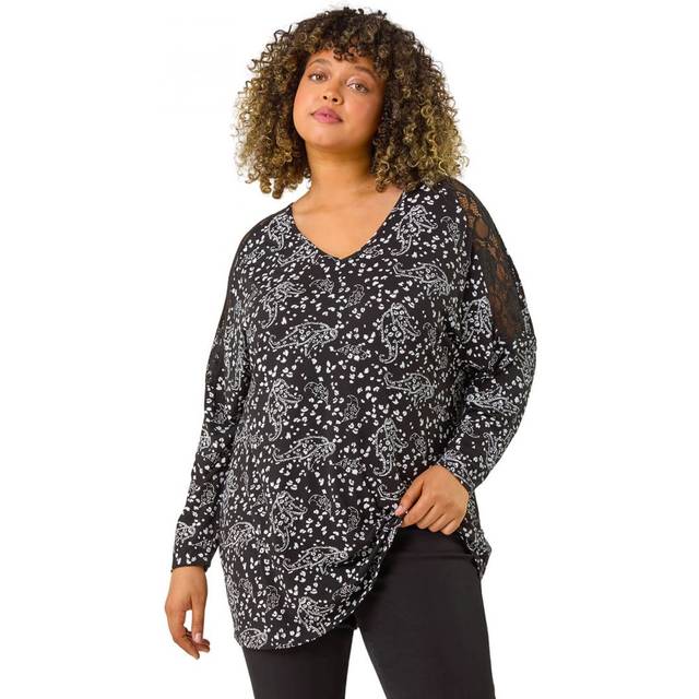 Roman Womens Curve Lace Shoulder Paisley Top - Black - Size 18 UK