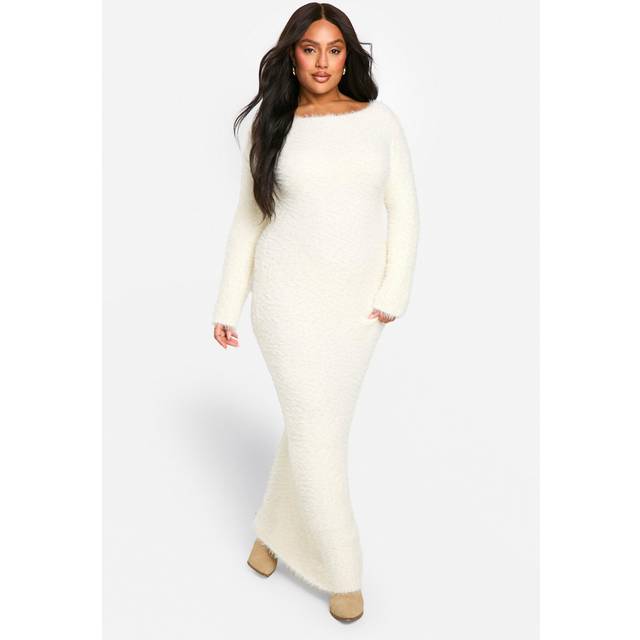 Womens Plus Knitted Long Sleeve Maxi Dress - White - 20-22, White