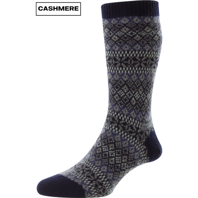 Pantherella Mens Sherborne Fair Isle Cashmere Sock in Navy/Grey/Blue Pattern Fabric - Size 6-7 (UK Shoe) - Blue/Navy