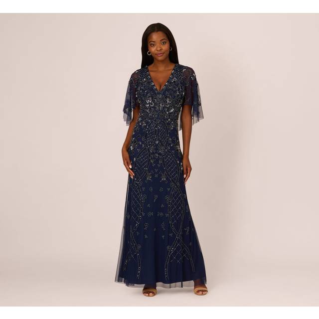 Sequin Beaded Gown With Sheer Cape Sleeves In Light Navy - 12