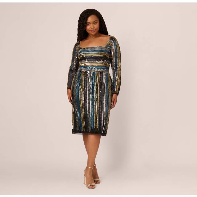 Plus Size Sequin Beaded Sheath Dress With Sheer Long Sleeves In Black Blue Multi - Black/Blue Multi - 20