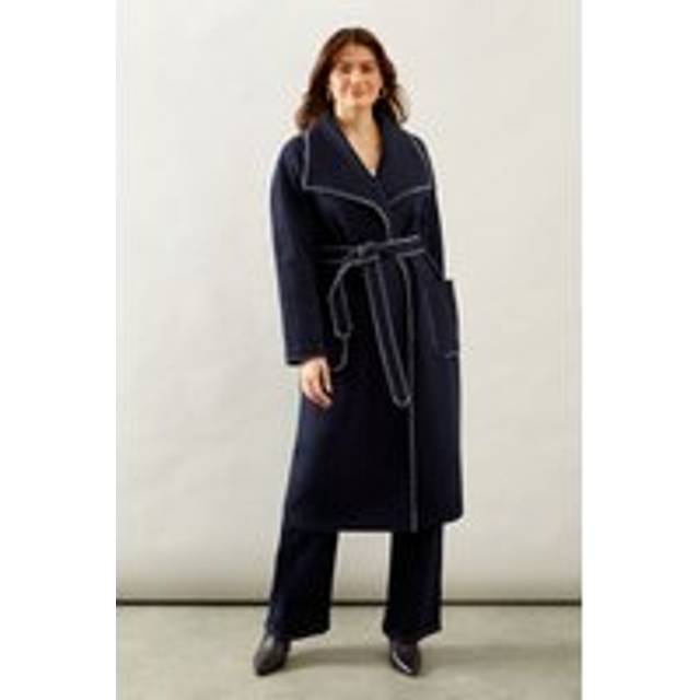 Womens Whip stitch Shawl Collar Belted Coatblack - Navy - 12