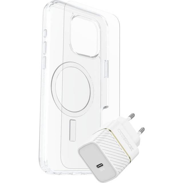 OtterBox Drop Protection Bundle för iPhone 16 Pro Max; Symmetry Series Clear för MagSafe Skyddande Tunt Skal, Premium Glass Skärmskydd och EU 30W USB-C Väggladdare