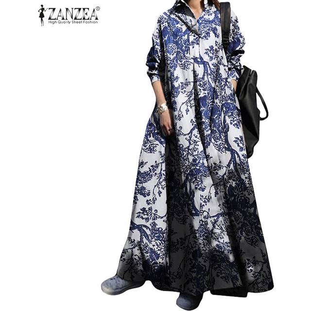 ZANZEA Plus Size Retro Print Casual Turn Down Collar Long Sleeve Shirt Dress S white