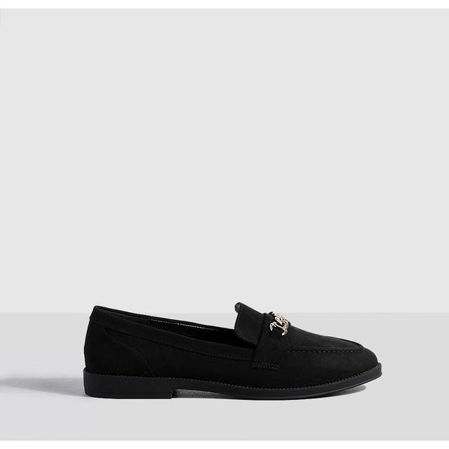 Womens Faux Suede Chain Trim Loafers - Black - 6