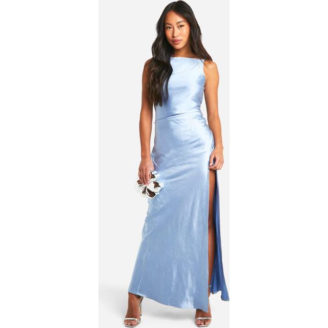 Womens Bridesmaid Satin Slash Neck Maxi Dress - Blue - 12, Blue