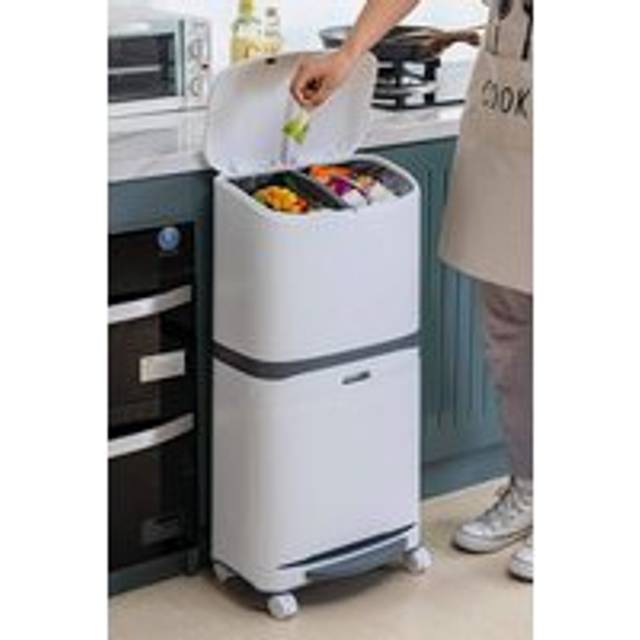 48L Rubbish Bin Pedal Waste Dustbin 3 Compartments Recycling Trash Can with Wheels Detachable Divider - White - One Size