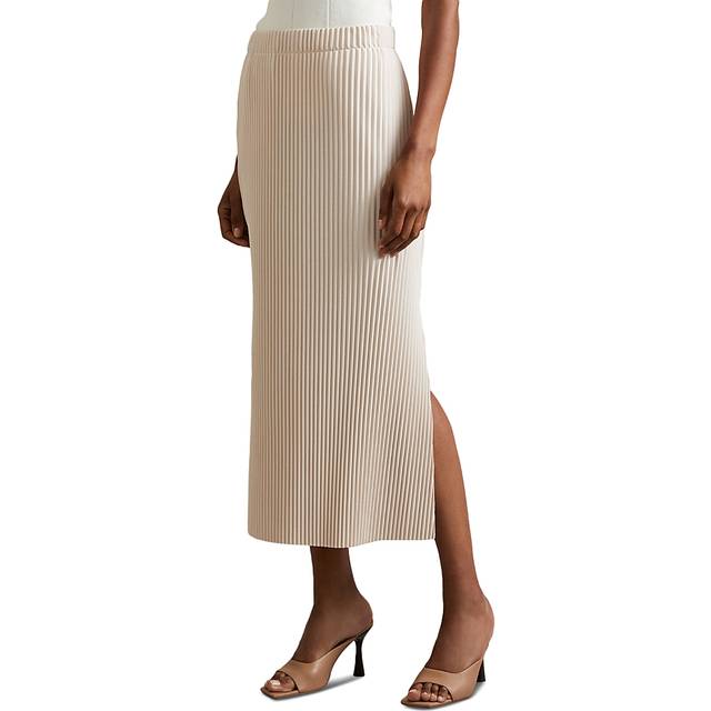 Reiss Pippa Ribbed Split Hem Midi Skirt, Stone