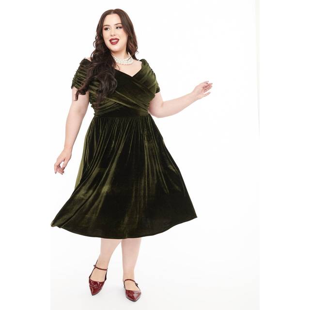Unique Vintage Plus Size 1950S Olive Green Shirred Velvet Swing Dress - 5X/26