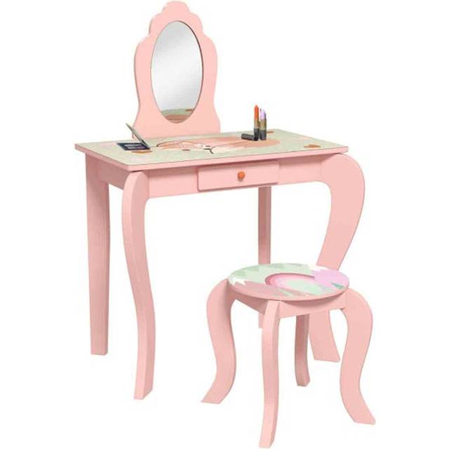 Zonekiz Kids Dressing Table With Mirror And Stool, Girls Vanity Table Makeup Desk With Drawer, Cute Animal Design, For 3-6 Years - Pink