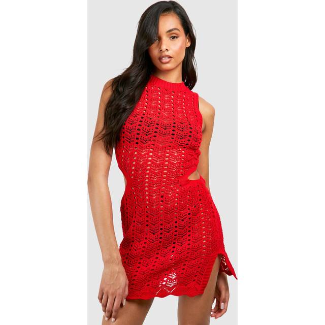 Womens Tall Crochet Cut Out Detail Mini Dress - Red - 14
