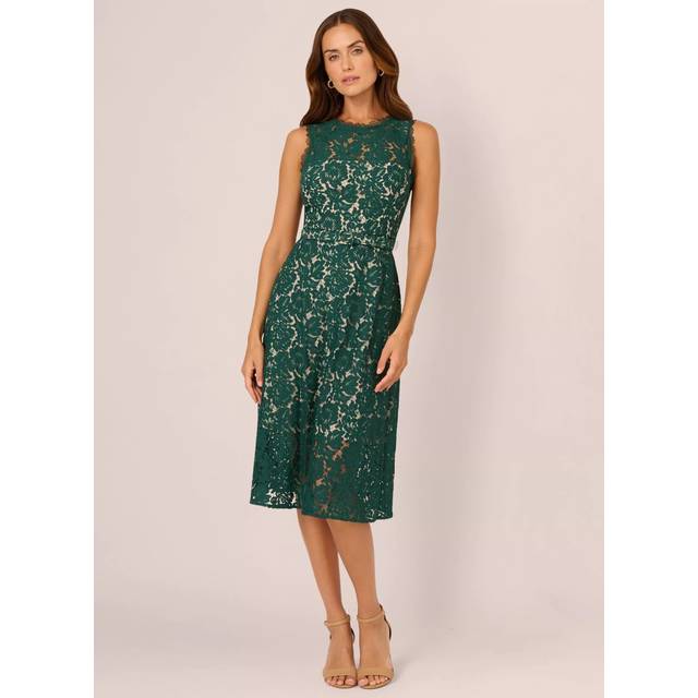 Sleeveless Lace Fit And Flare Dress With Sheer Details In Hunter - 14