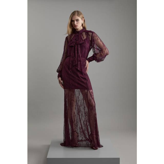 Tall Sheer Lace Godet Woven Midi Skirt - Red