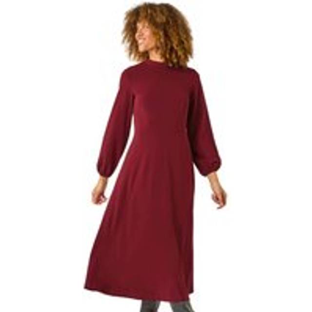 High Neck Fit & Flare Stretch Dress - Wine - 18