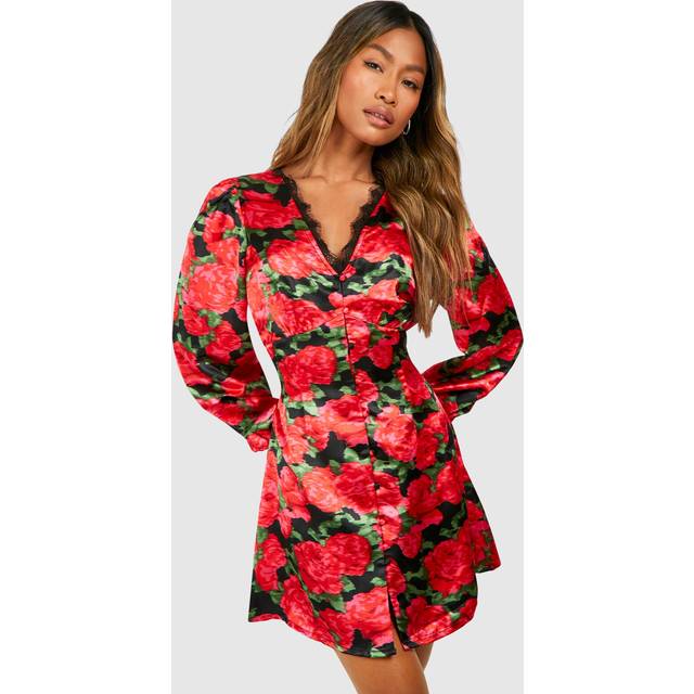 Womens Floral Lace Trim Smock Dress - Black - 8, Black