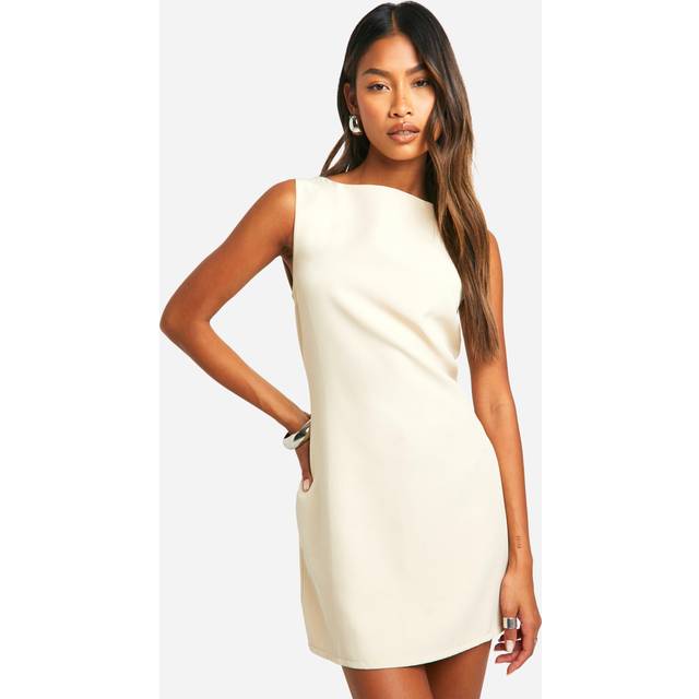 Womens Slash Neck Fit & Flare Micro Mini Dress - Beige - 14, Beige