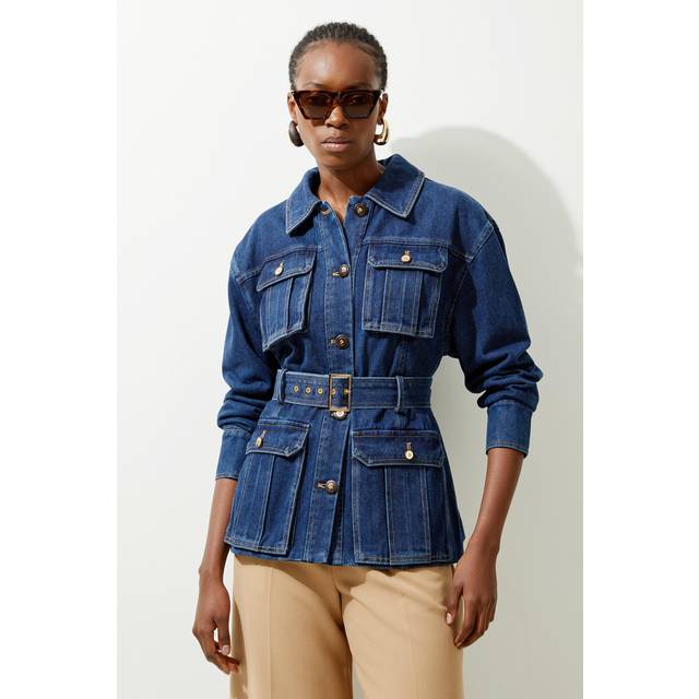 Denim Pocket Detail Belted Safari Jacket - Dark Blue