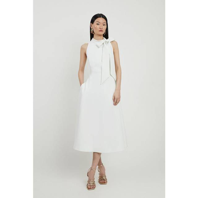 Compact Stretch Bow Tie Neck Full Skirted Midi Dress - Ivory - 12