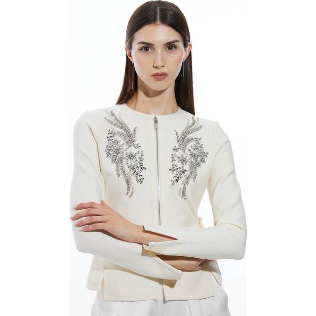 Figure Form Bandage Embellished Piping Knit Jacket - Cream