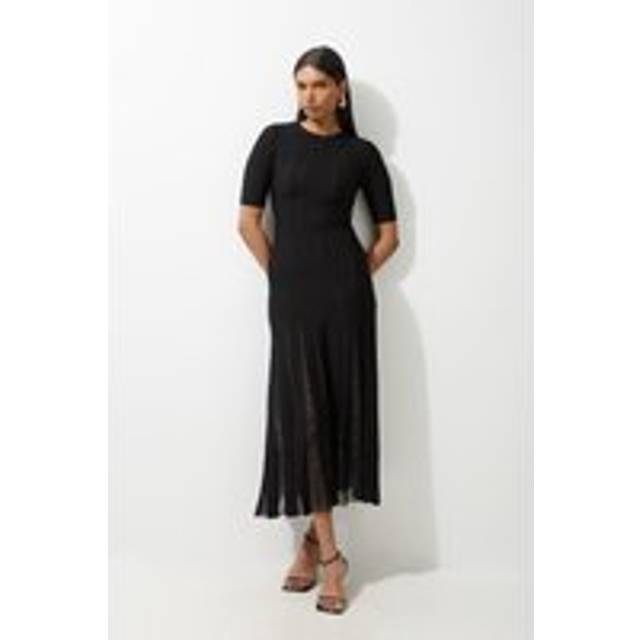 Viscose Blend Filament Full Skirt Knit Midi Dress - Black