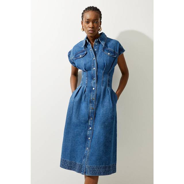 Denim Button Through Darted Waist Midaxi Shirt Dress - Mid Blue