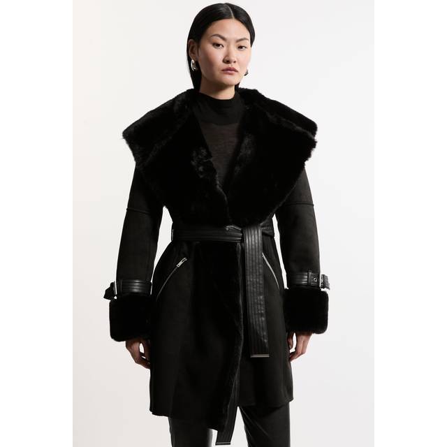 Faux Shearling Collar & Cuff Belted Short Coat - Black