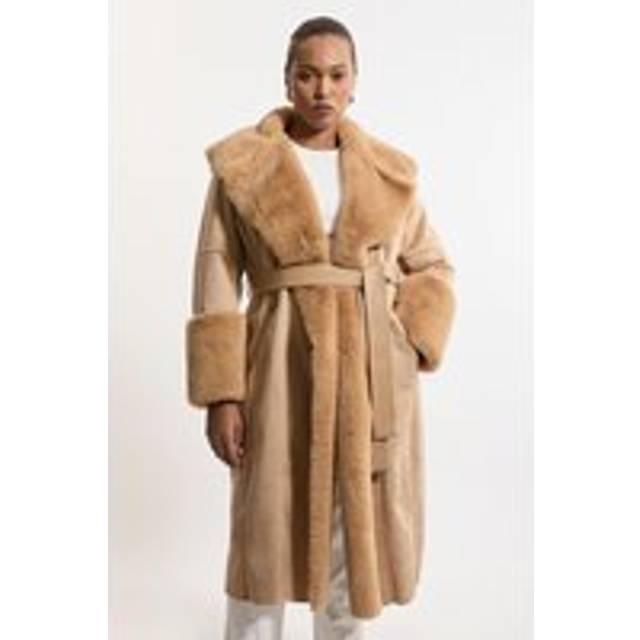 Plus Size Faux Shearling Collar & Cuff Belted Long Coat - Camel