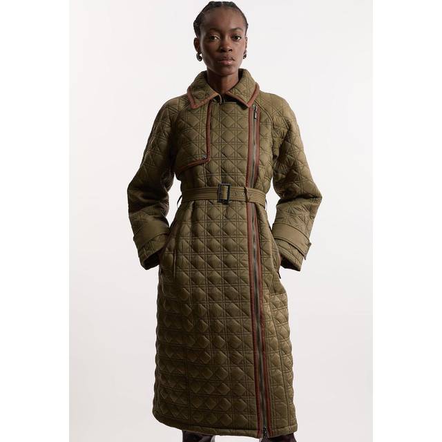 Quilted Belted Longline Trench Coat - Khaki/Green
