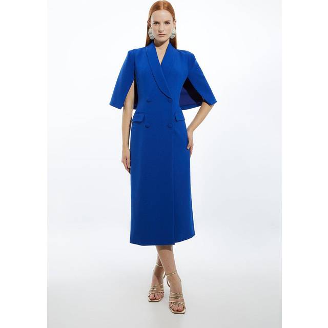 Clean Tailored Tuxedo Cape Sleeve Midi Blazer Dress - Blue