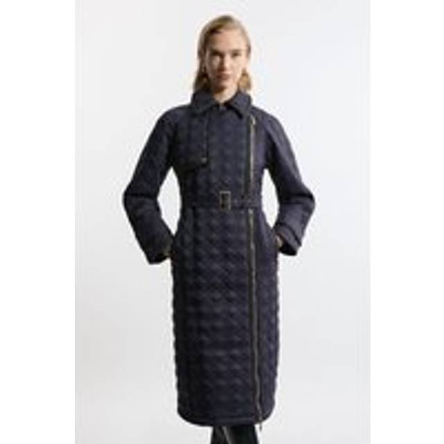Quilted Belted Longline Trench Coat - Navy
